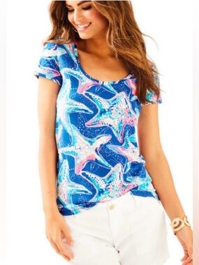 Lilly Pulitzer Dori Starfish Shirt in Indigo & Hot Pink Scoop-neck - Medium EUC